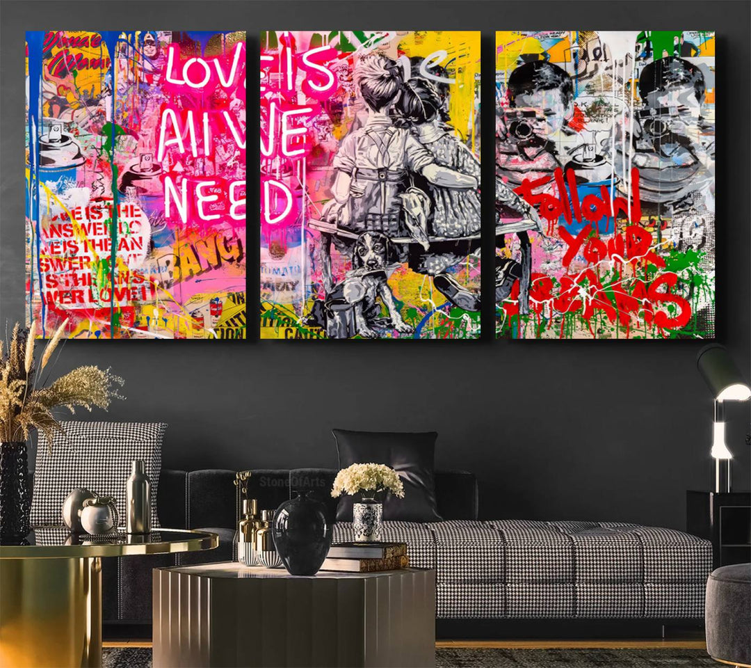 A vibrant and dynamic triptych features distorted horizontal lines, resembling graffiti street art. This artwork conveys the themes of "Follow Your Dreams" and "Love is All We Need" across three colorful panels.