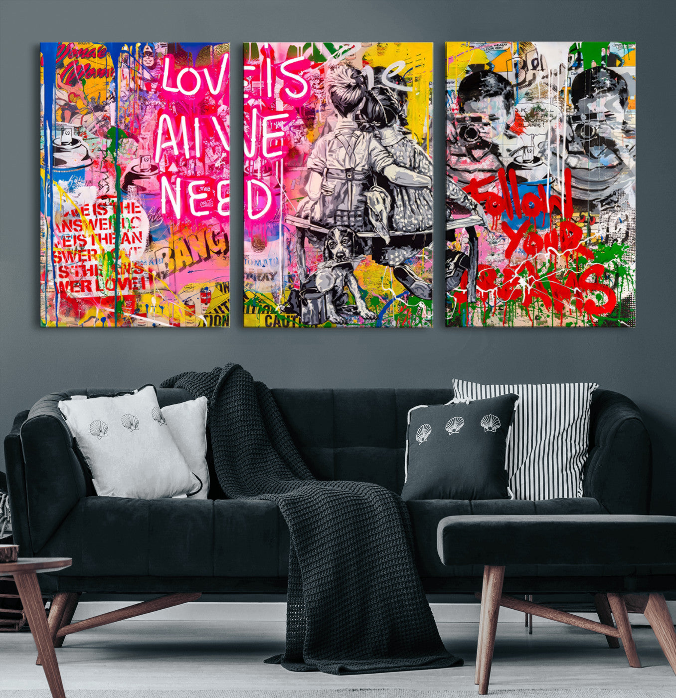 MGV-CV-60X30-3P - Follow Your Dreams & Love is All We Need Graffiti Street Art Triptych | Colorful Urban Wall Art