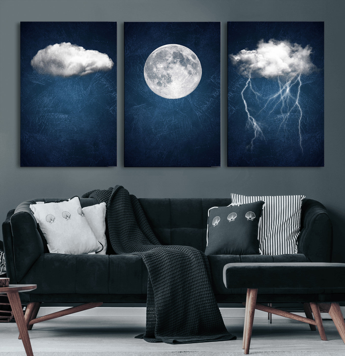 96569-MGV-CV-60X30-3P-Dark Blue Cloud Art, 3 Piece Indigo Blue Wall Art, Aesthetic Surreal Art, Thunderstorm Moon Cloud