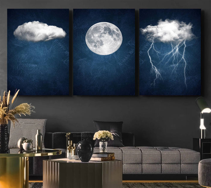 Dark Blue Cloud Art featuring a surreal moon and thunderstorm on a dark background.