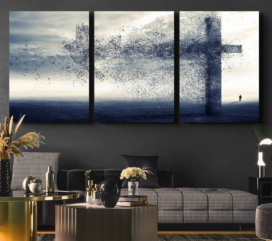 The Jesus and the Fading Cross wall art portrays a moody landscape.