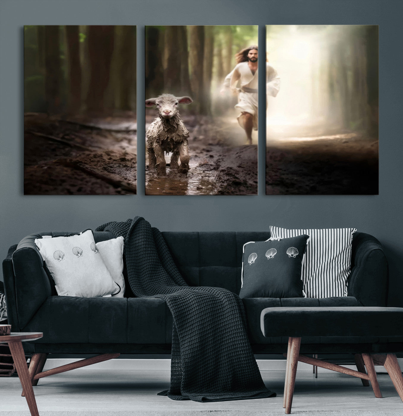 68919-MGV-CV-60X30-3P-Jesus Canvas Wall Art - Jesus Running After Lost Lamb, Jesus, Christian Home Decor - Church Wall Art