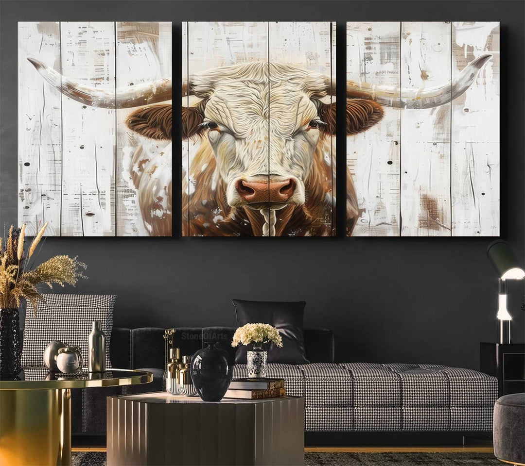 A Western-inspired Rustic Longhorn Bull Wall Art Canvas Set.