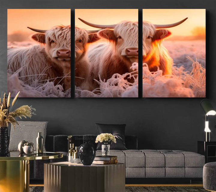 Highland Cows at Sunrise Wall Art adds serene rustic farmhouse charm.