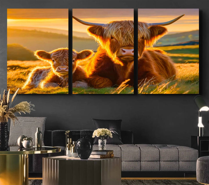 The Scottish Cow and Baby Cow Canvas Wall Art captures sunset fields.