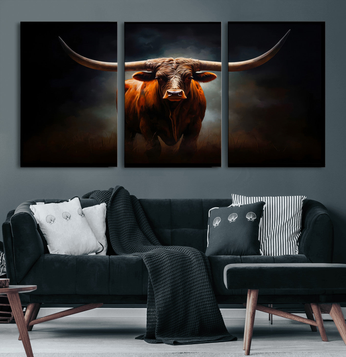 MGV-CV-60X30-3P - Abstract Texas Longhorn Wall Art Print | 3-Panel Large Texas Longhorn Canvas Print for Living Room,