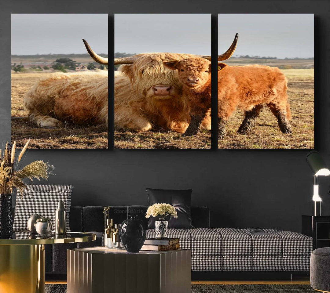 Highland Cow Canvas: a light brown cow and calf in the field, ideal farmhouse decor.