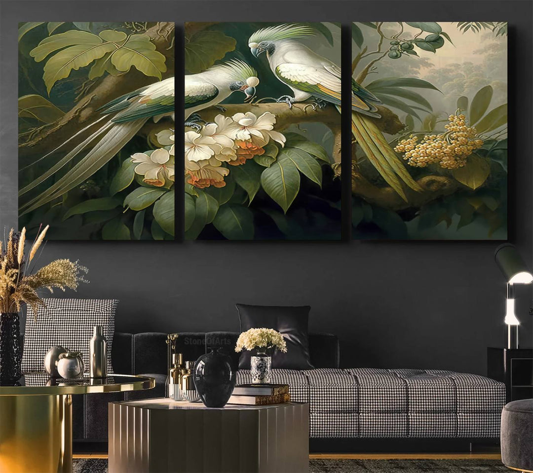 The Tropical Paradise Wall Art features a parrot in a lush forest.