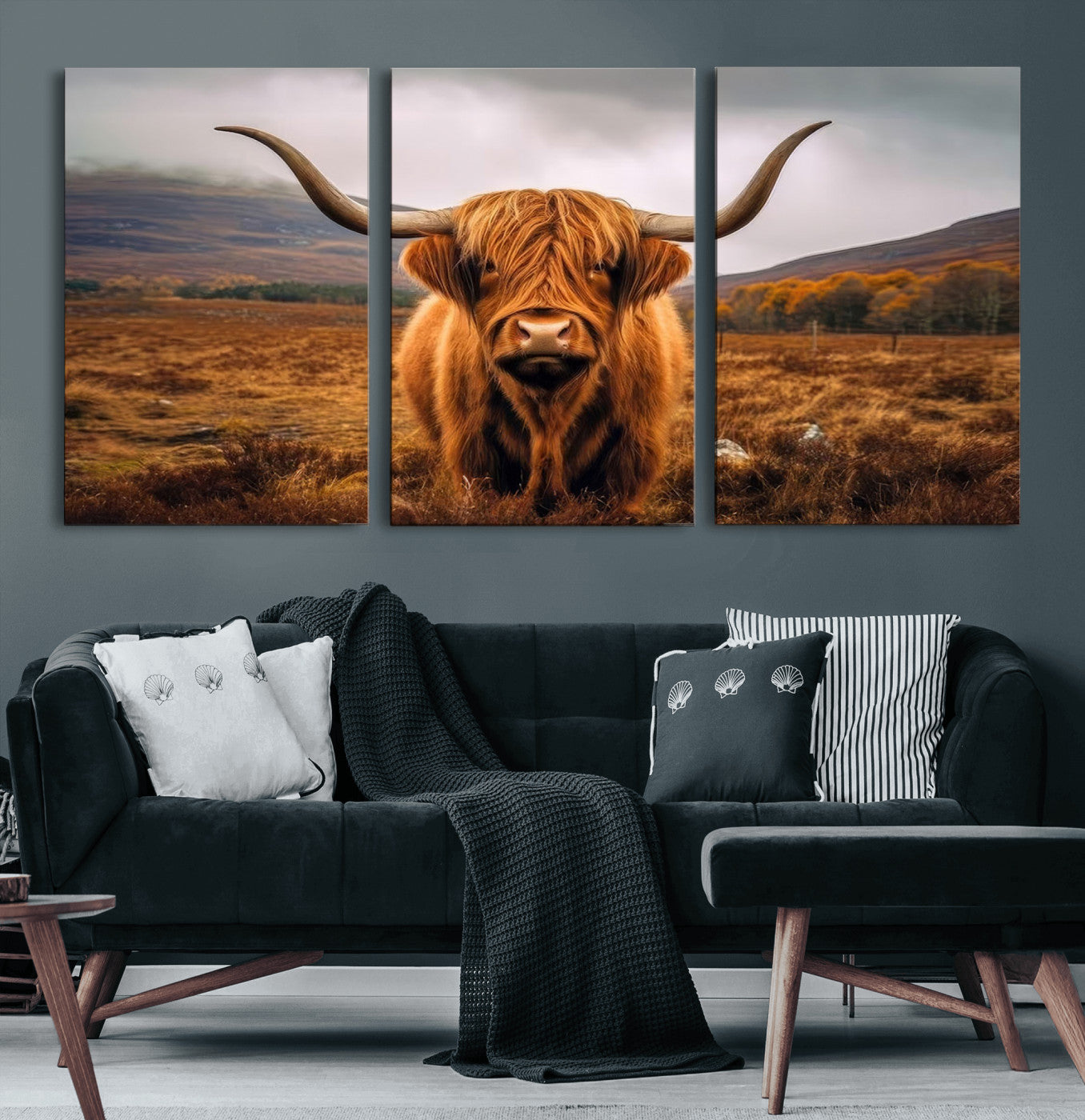 65529-MGV-CV-60X30-3P-Highland Cow Longhorn Wall Art – Rustic Canvas Print, Framed and Ready to Hang for Farmhouse Décor