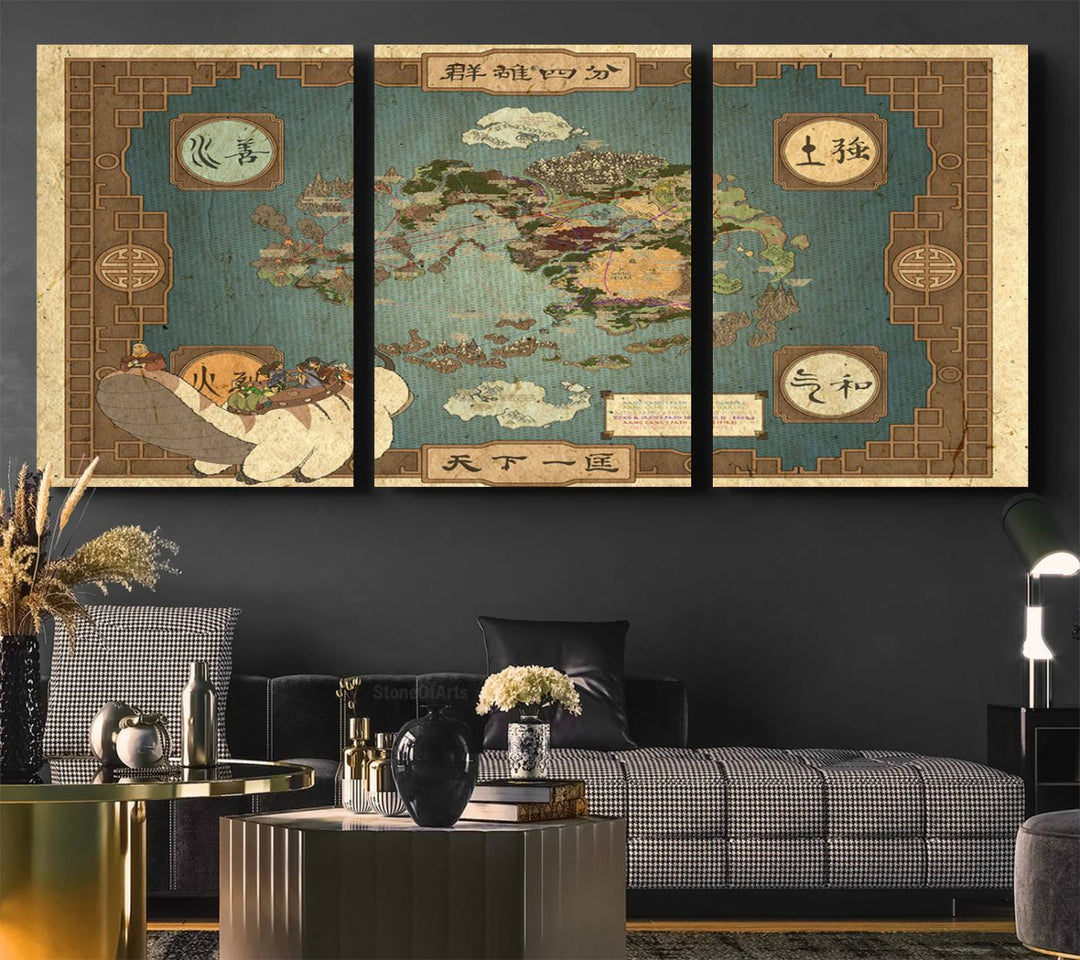 The wall art featured is the Avatar Wall Art: The Last Airbender Vintage Map showcasing the Four Nations design.