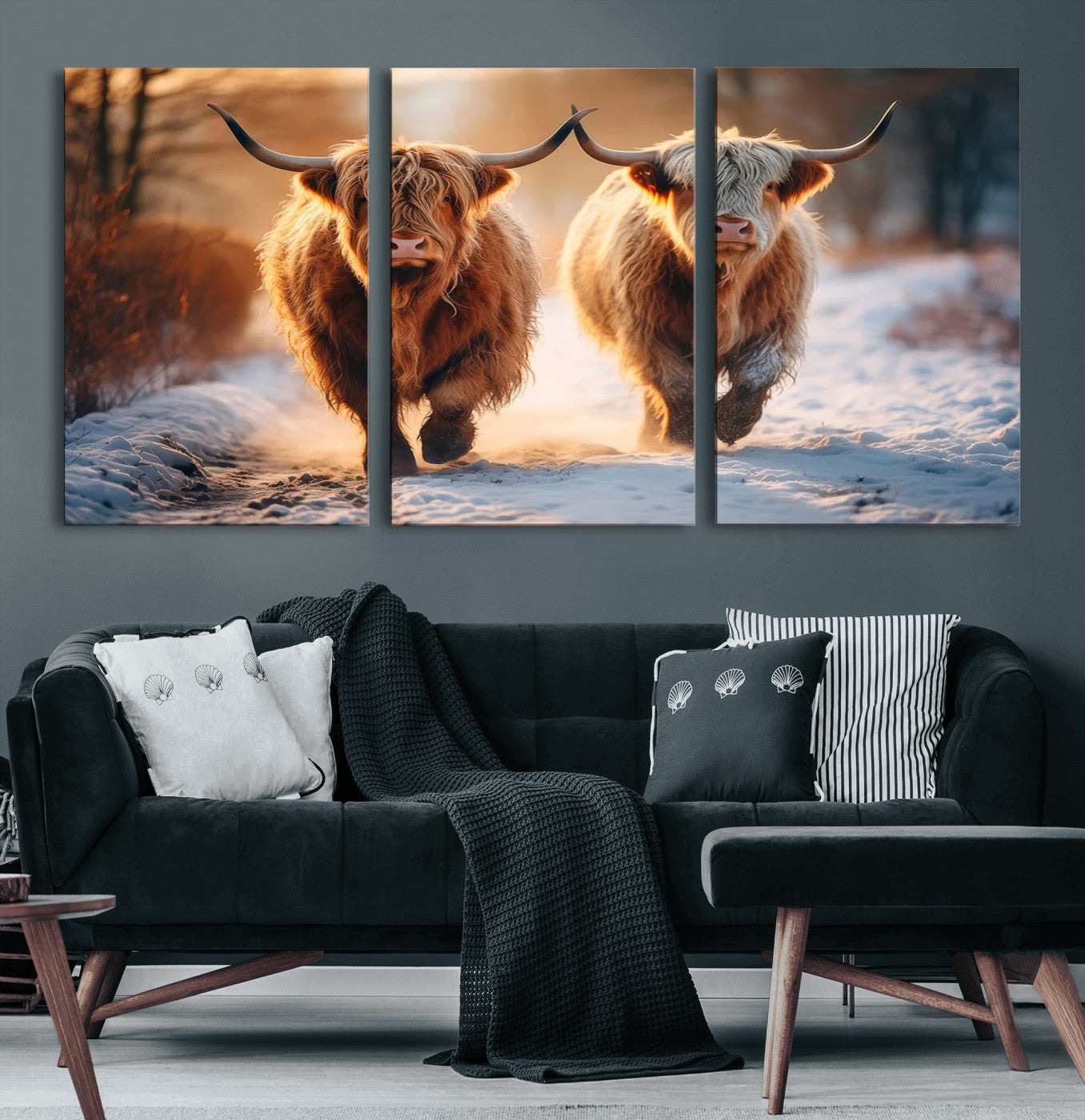 94810-MGV-CV-60X30-3P-Scottish Highland Cow Horn Farm Wall Art Canvas Print