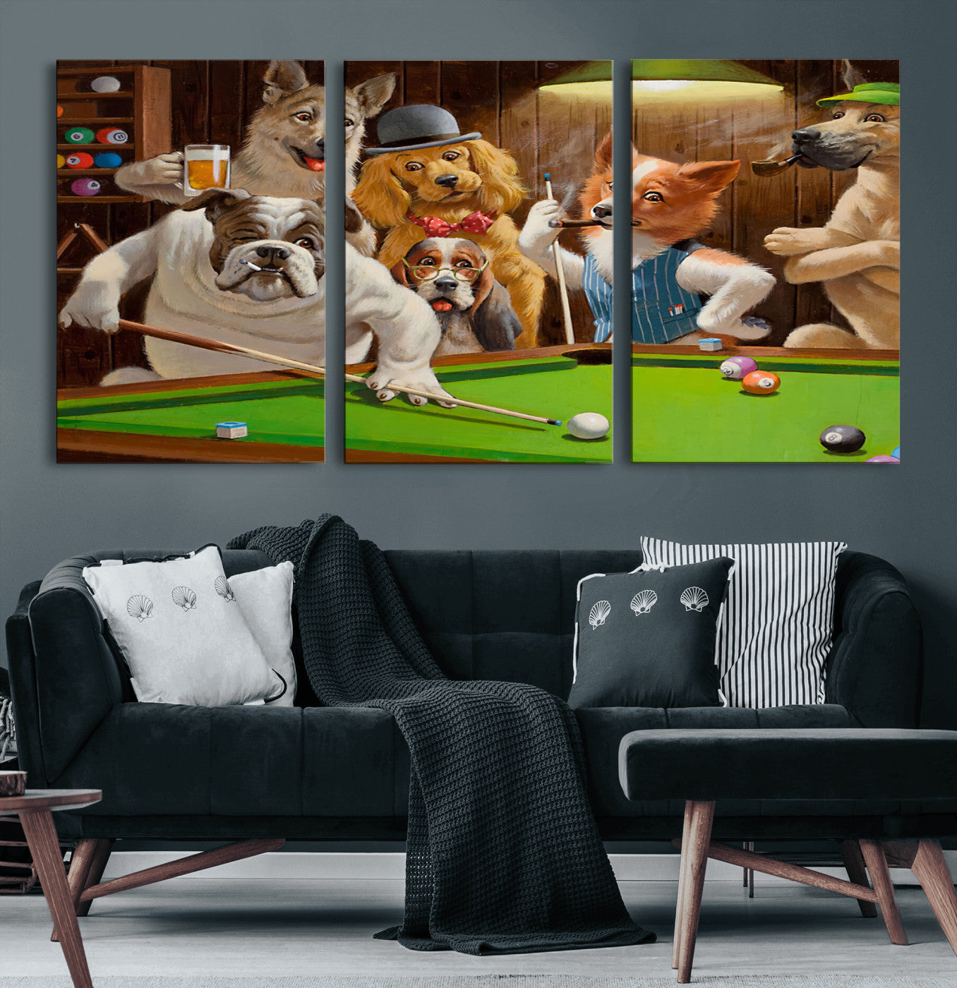 MGV-CV-60X30-3P - Dogs Playing Pool Canvas Wall Art Funny Gifts Dog Print