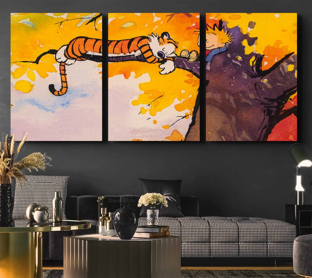 Premium canvas Calvin Wall Arts featuring a boy and tiger relaxing on a branch.