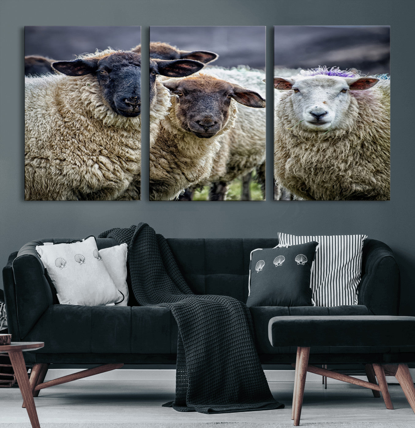 18418-MGV-CV-60X30-3P-Charming Sheep Portrait Wall Art – Trio of Woolly Companions Canvas Print, Framed, Ready to Hang