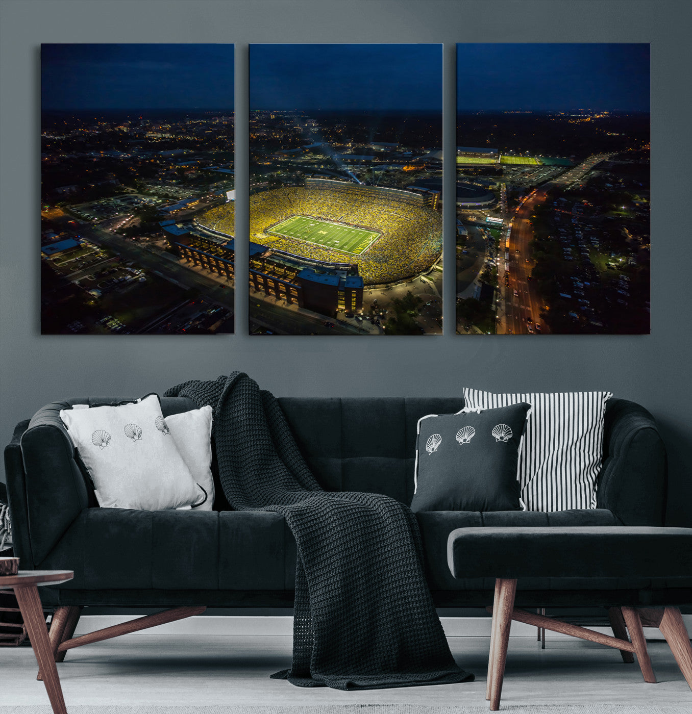 33588-MGV-CV-60X30-3P-Michigan Stadium Night Game Wall Art – Sports Arena Aerial View Canvas Print, Framed, Ready to Hang