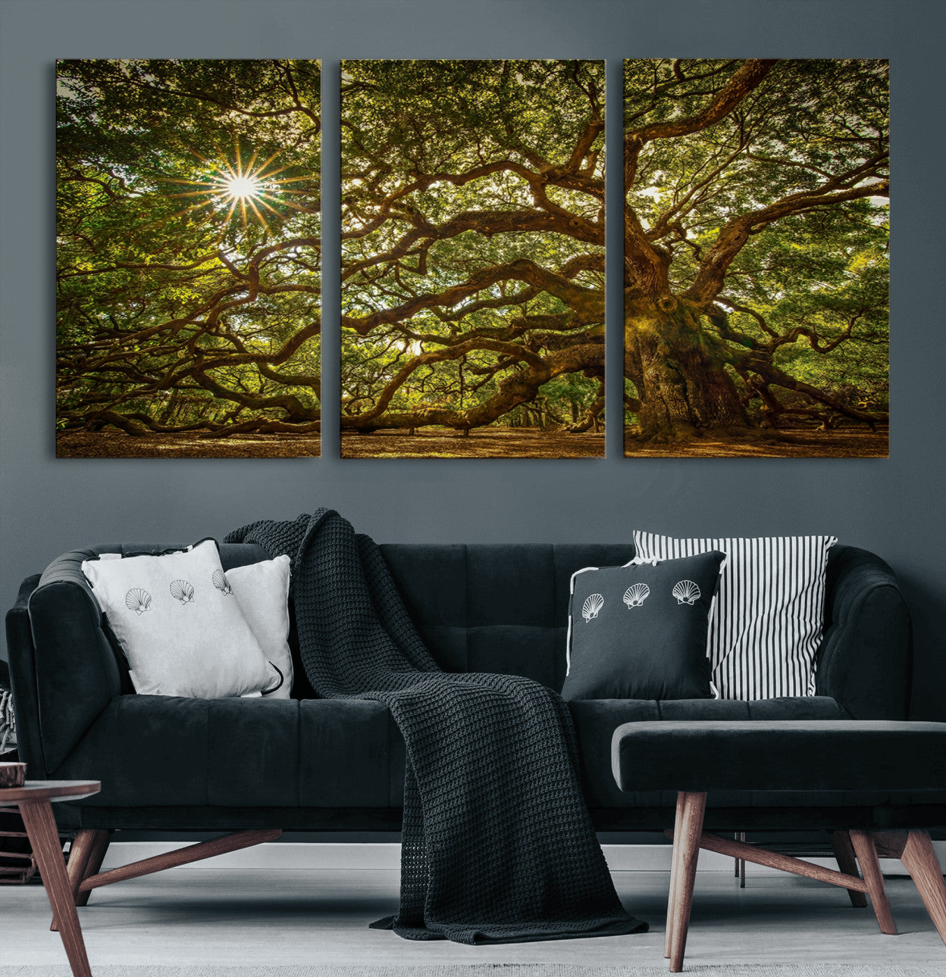 MGV-CV-60X30-3P - Ancient Angel Oak Tree Art Sunburst Canvas Print- Nature-Inspired Triptych Canvas Print, Framed,