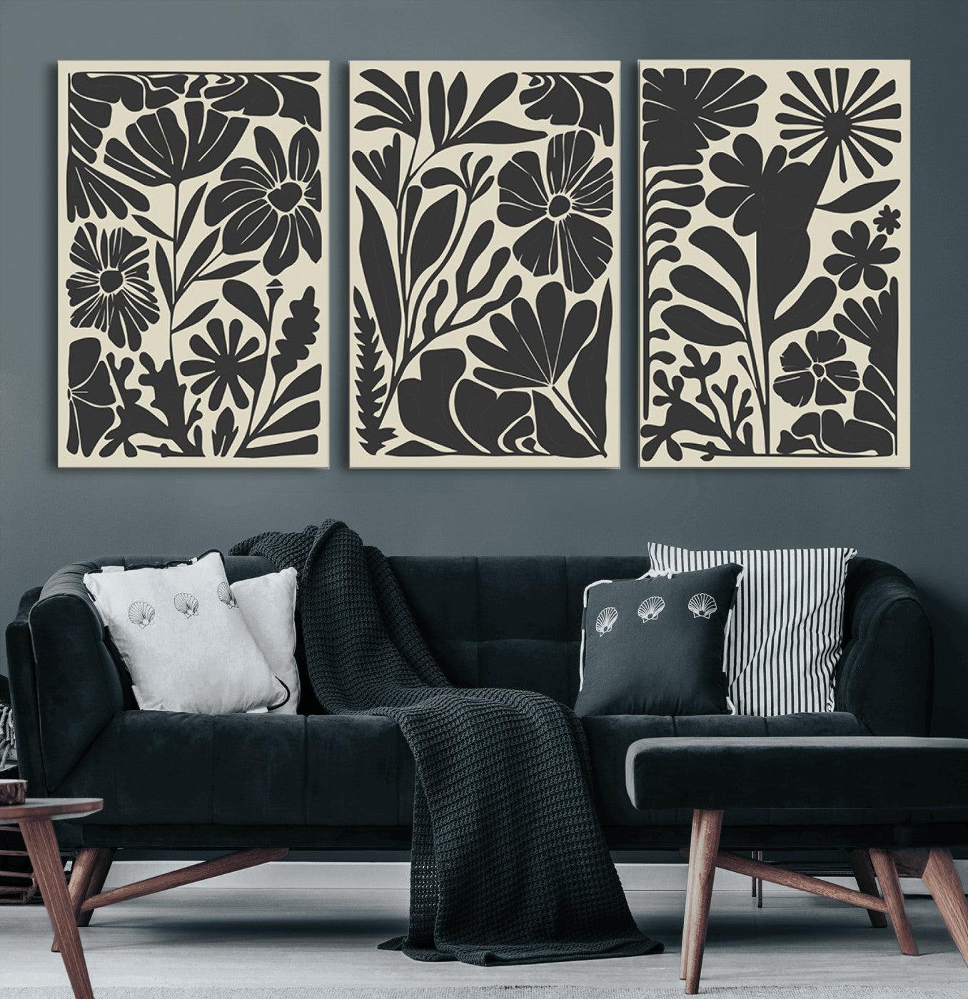 MGV-CV-60X30-3P - Modern Botanical Wall Art - Floral Black and White Canvas Print, Framed, Ready to Hang