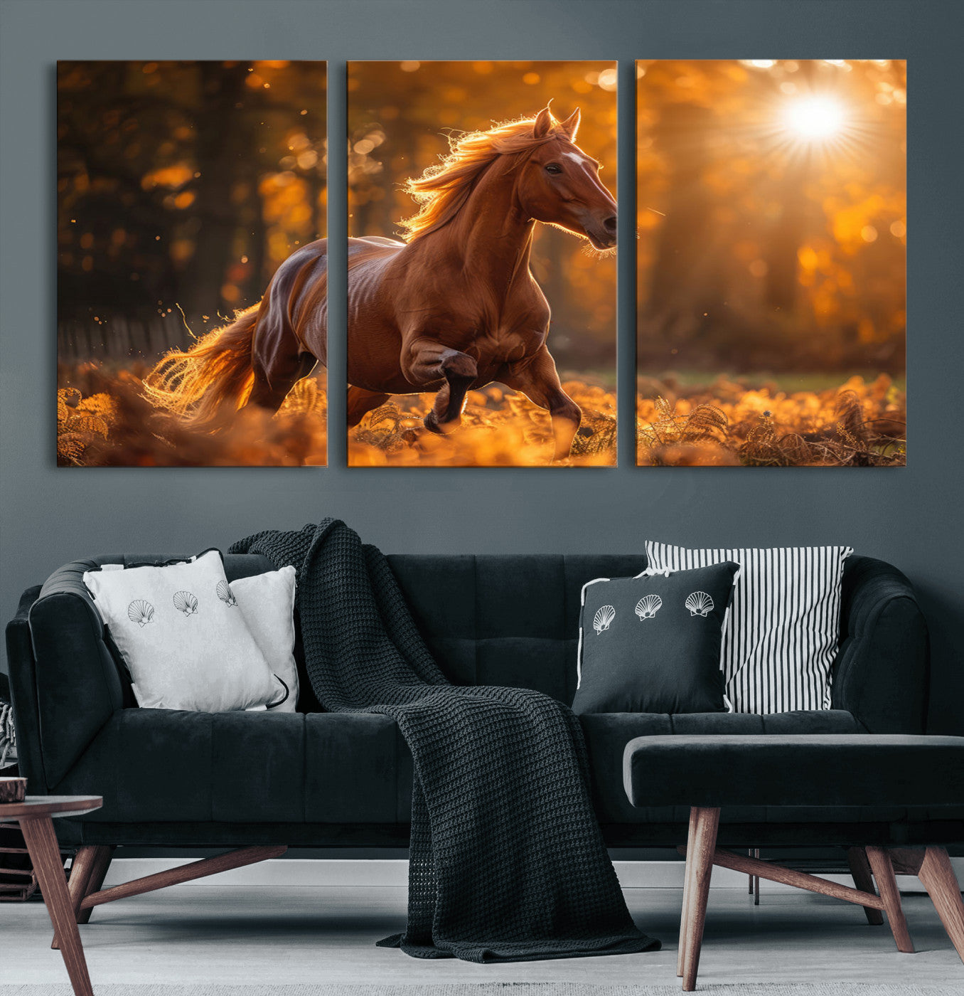 92144-MGV-CV-60X30-3P-Running Horse Sunset Forest Wall Art Canvas Print