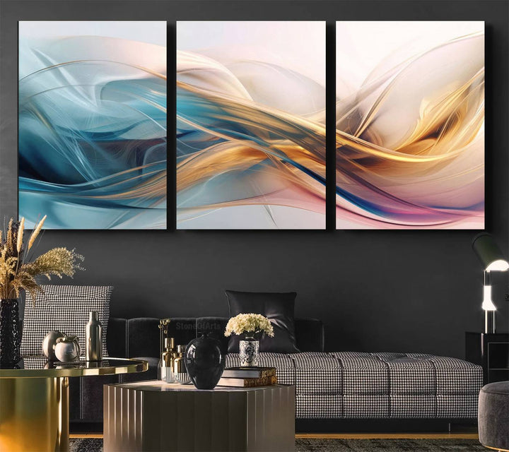 Abstract Flowing Colors Wall Art featuring blue, gold, and pink adds modern elegance to the space.