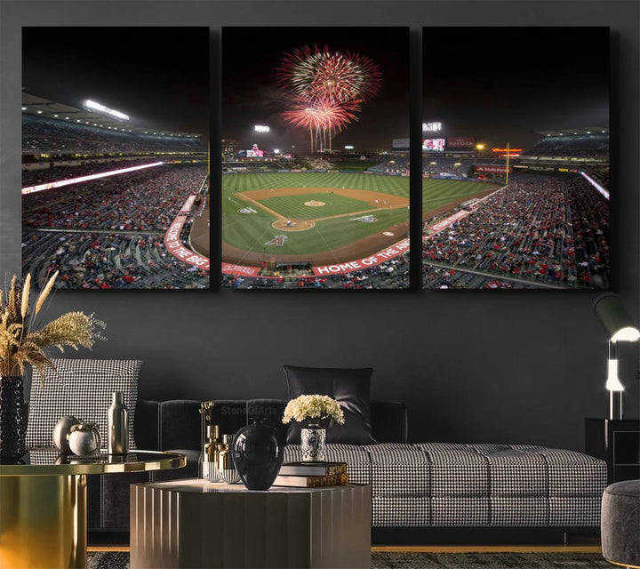 Fireworks at Angel Stadium – LA Angels Night Game Canvas Print, framed and ready to hang.