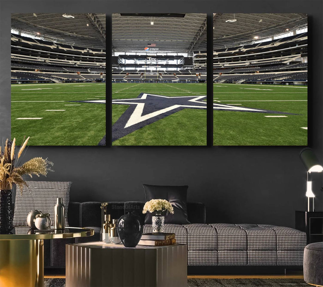 AT&T Stadium Dallas Cowboys Canvas Print displayed above a dining table.