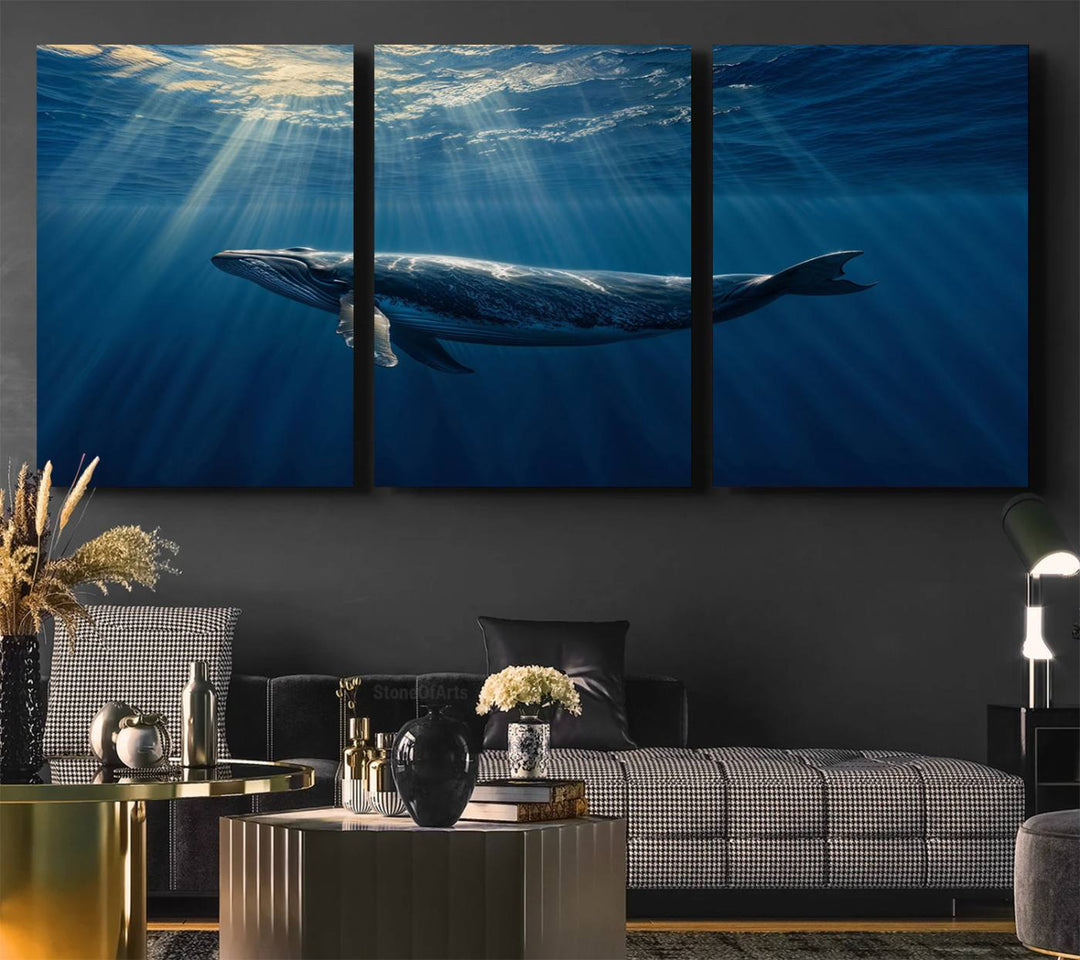 The Whale under Ocean wall art canvas print graces the white wall.