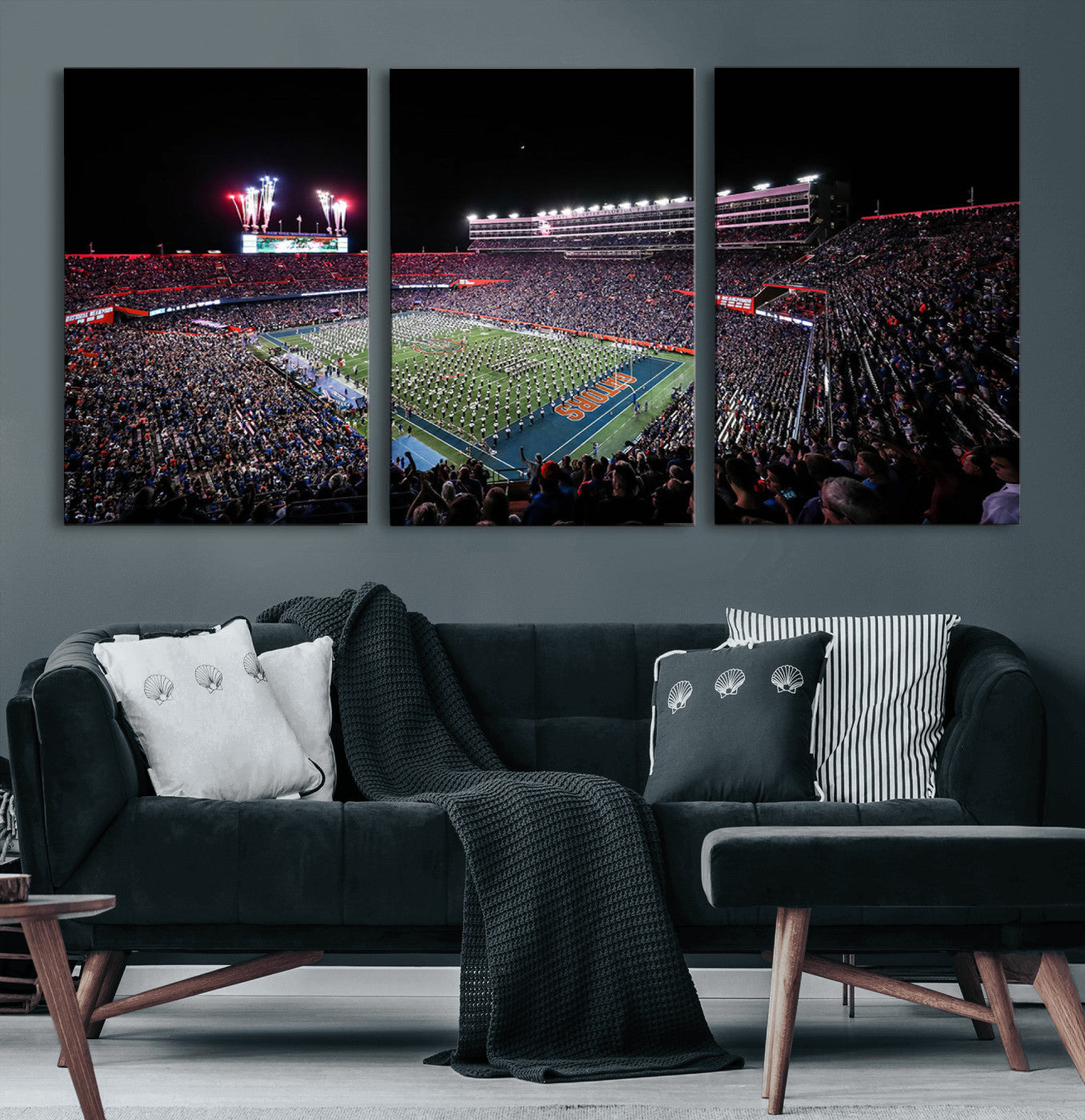 MGV-CV-60X30-3P - Ben Hill Griffin Stadium Night Game Triple Canvas Wall Art - Florida Gators Football Match