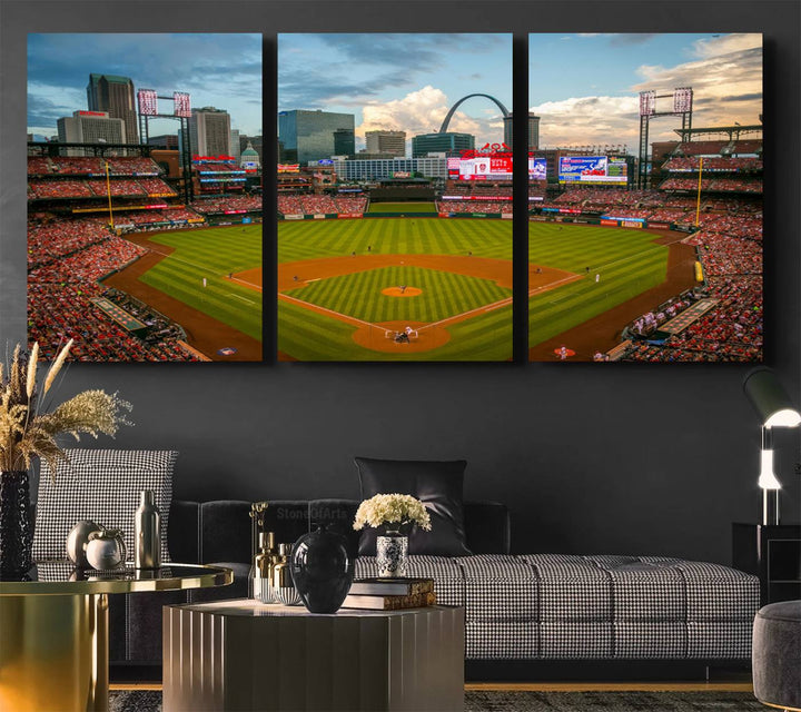 A Busch Stadium canvas print featuring a cityscape, ideal for enhancing living room or man cave sports decor.