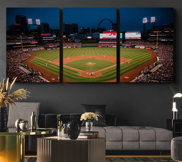 A St. Louis Cardinals Baseball Team print of Busch Stadium at night adorns the wall.