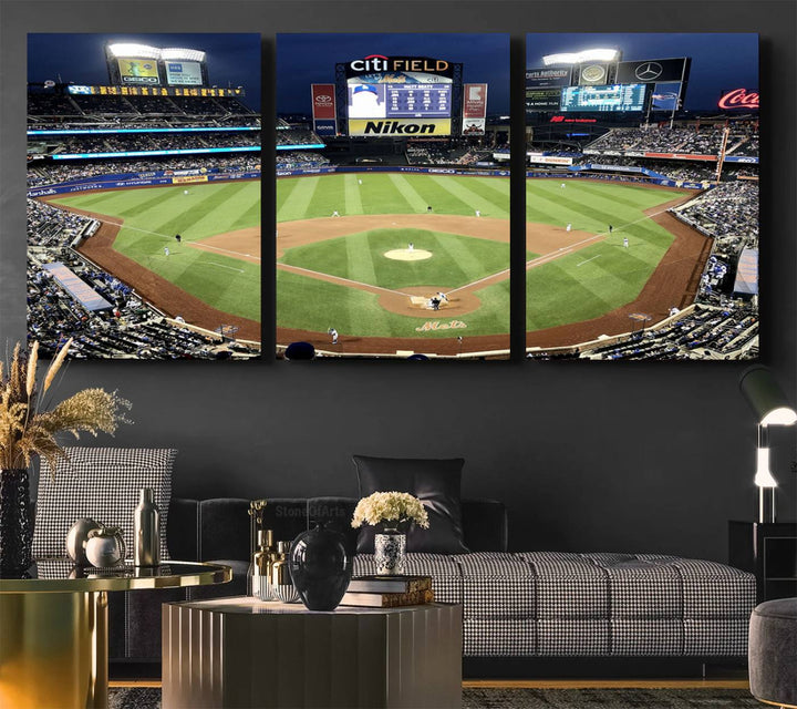 The wall is adorned with a 3-panel Citi Field Wall Art Print, framed for sports-themed decor.