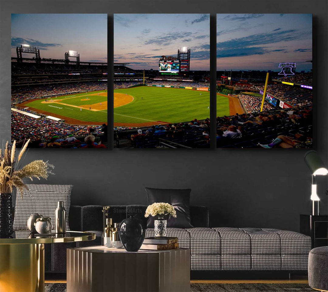 A wall art piece depicting the Philadelphia Phillies Citizens Bank Park Stadium at dusk.