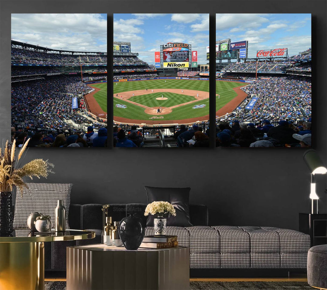 A wall art piece featuring a New York Mets Baseball Team print of Citi Field during a thrilling game under a blue sky.