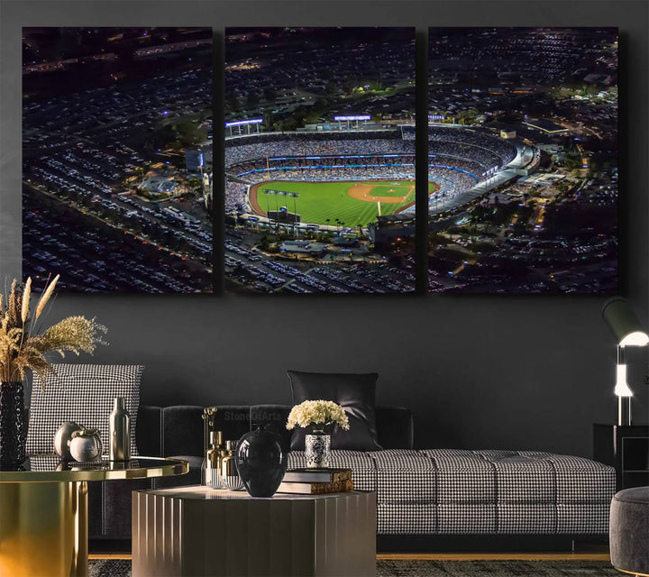 A large Los Angeles Dodgers print of Dodger Stadium at night is displayed near a window.