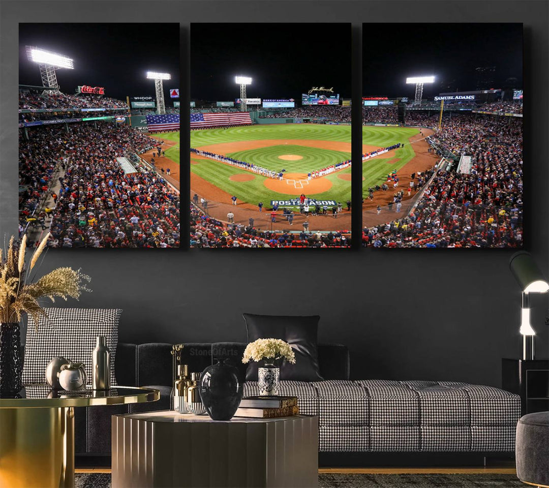 The Fenway Park Wall Art Canvas Print showcases a stunning aerial view of Bostons iconic ballpark at night, making it an ideal piece for any Red Sox enthusiast.