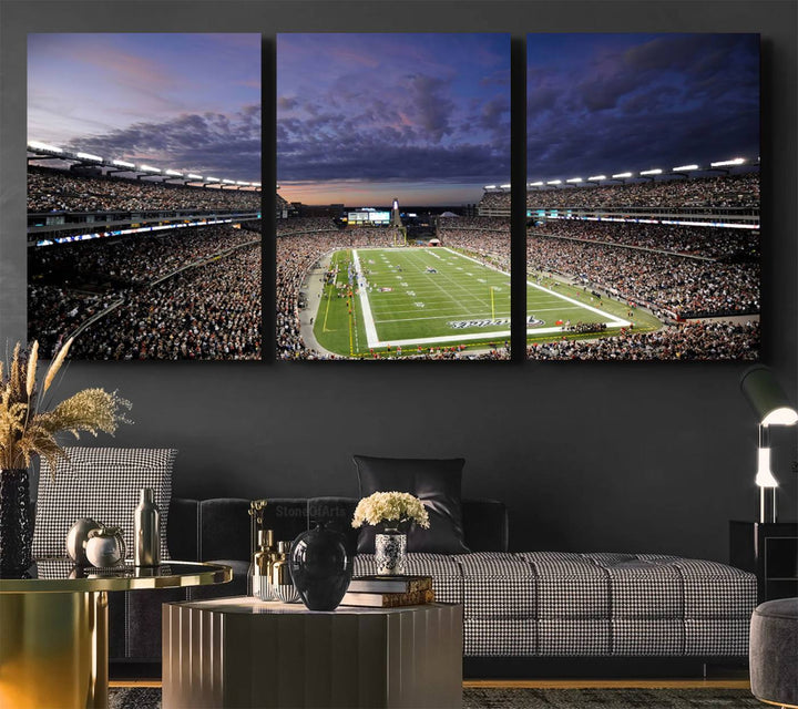 A large New England Patriots Foxborough Gillette Stadium wall art canvas print at sunset.