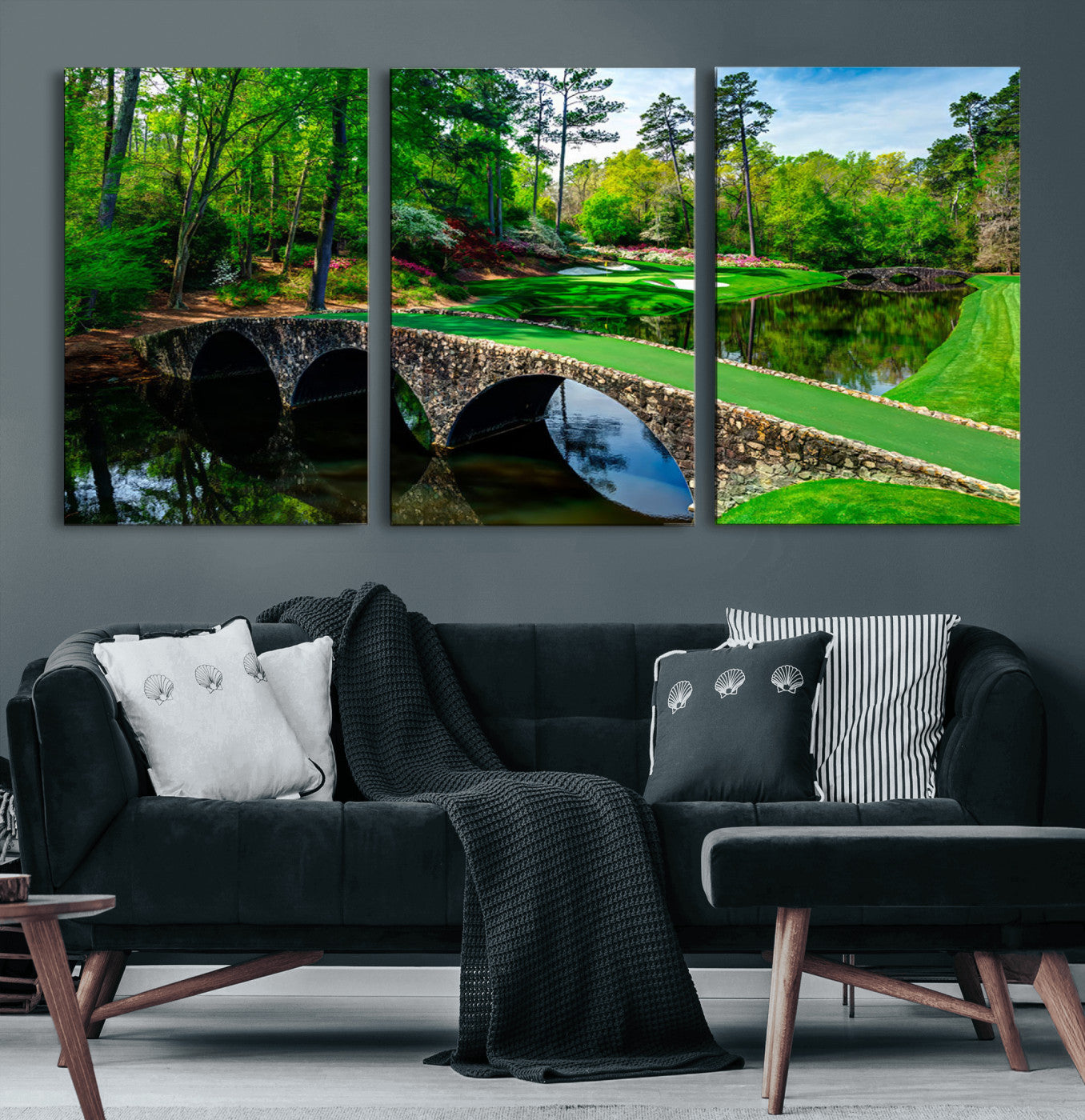 MGV-CV-60X30-3P - Augusta National Golf Club Wall Art - Panoramic Bridge & Lush Greenery – Premium Framed,