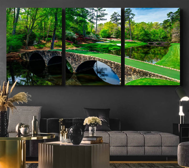 The wall art from Augusta National Golf Club showcases a panoramic bridge set against rich, lush greenery on a framed triptych canvas.