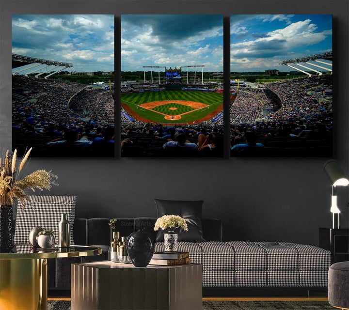 A 3-panel print of Kauffman Stadium, showcasing a crowded baseball field under cloudy skies.