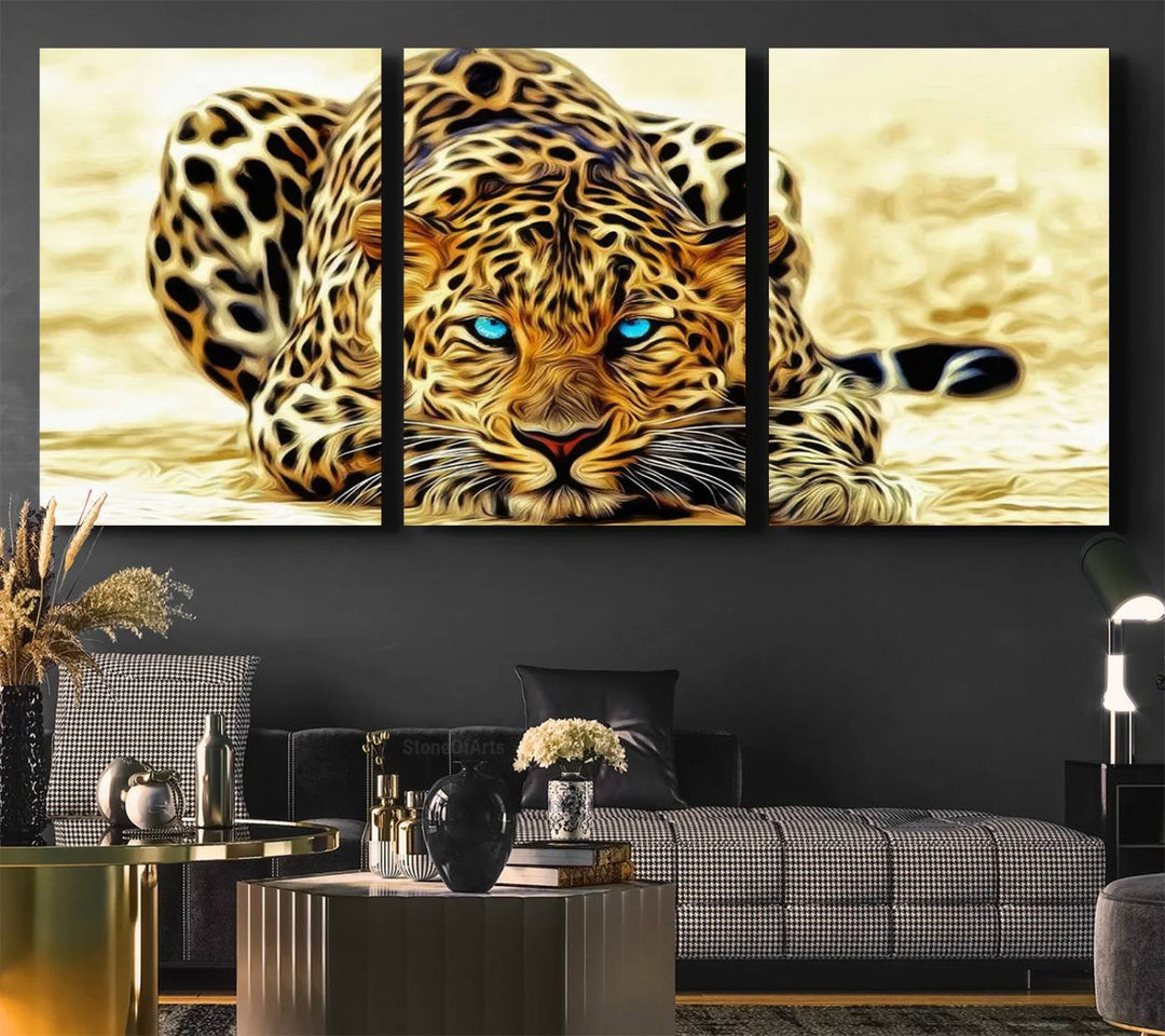 The Blue-Eyed Leopard Canvas Wall Art features a fierce and captivating design, perfect for wildlife enthusiasts. Its bold imagery makes it a striking decor piece, ready to hang.