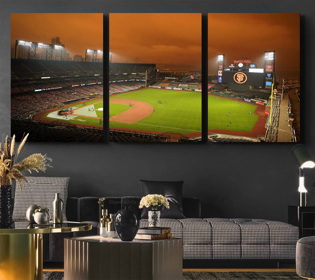 A canvas depicting an Oracle Park game with an orange sky, from SF Giants Stadium Wall Art.