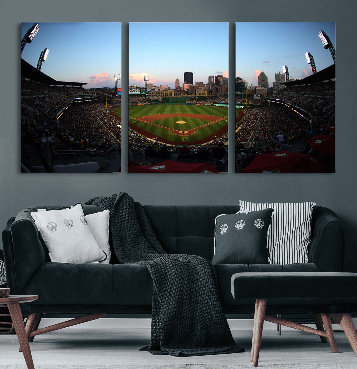 MGV-CV-60X30-3P - PNC Park Evening Game Triple Canvas Wall Art - Pittsburgh Pirates MLB Match - PNC Park Stadium Wall Art Canvas Print