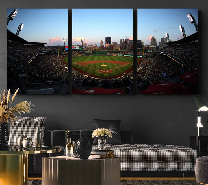 The PNC Park Evening Game Canvas, featuring a skyline backdrop, is displayed on the wall.