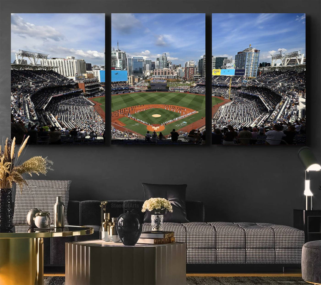 The San Diego Padres Baseball Canvas Print of Petco Park enhances the modern kitchen-dining area.