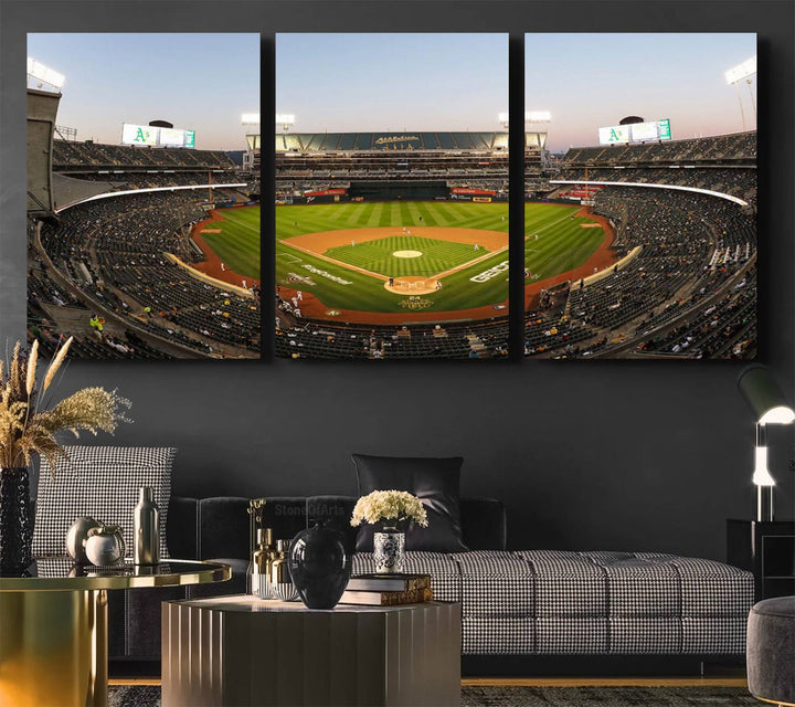 Oakland Athletics wall art canvas featuring the interior of RingCentral Coliseum Stadium.