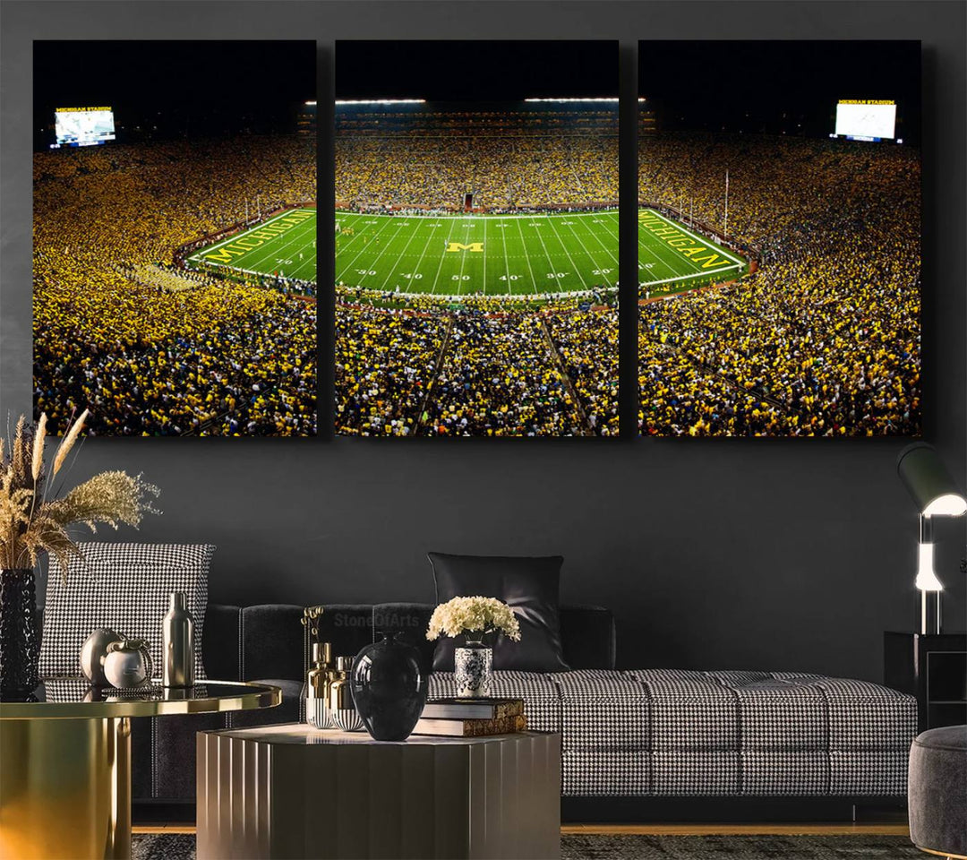 Aerial view of Michigan Stadium night game, ideal for Michigan Wolverines Football Team displayed on a triple canvas wall art.