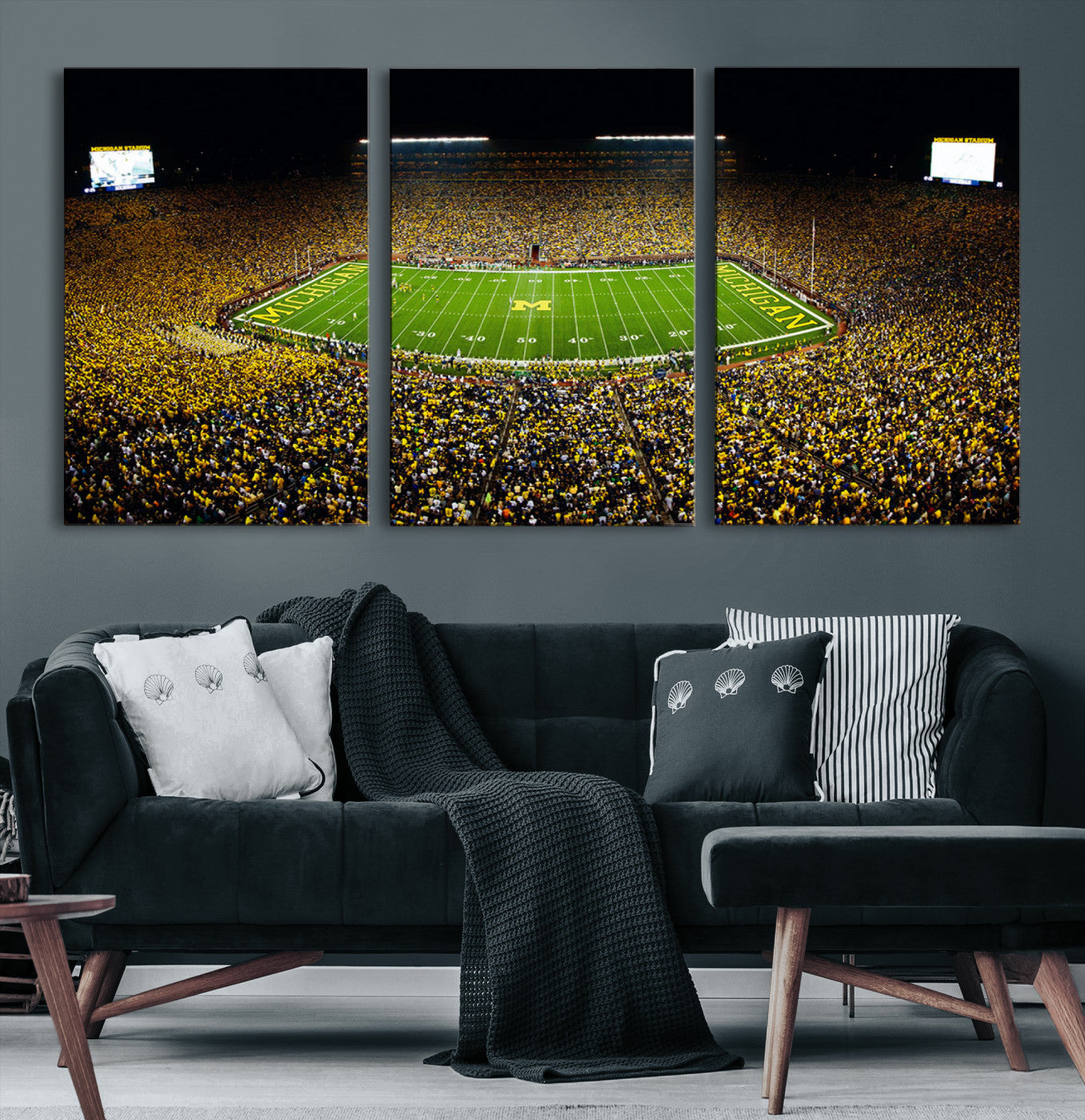 26166-MGV-CV-36X24-Stadium in Michigan Wall Art Canvas Print, Framed American Football Stadium Art Picture Print, Football Stadium Field Perfect Sports Room Decor Artwork