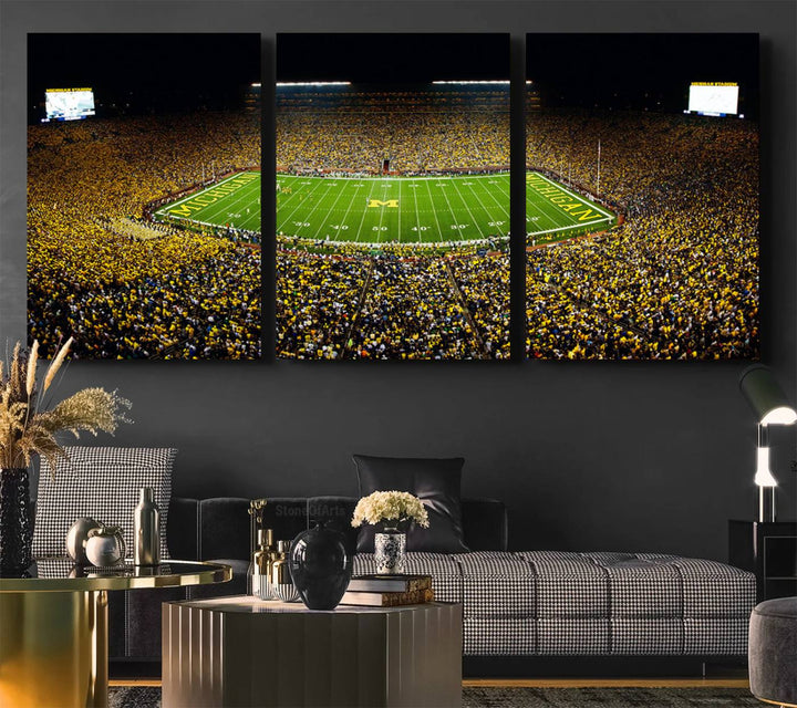 Aerial view of Michigan Stadium night game, ideal for Michigan Wolverines Football Team displayed on a triple canvas wall art.