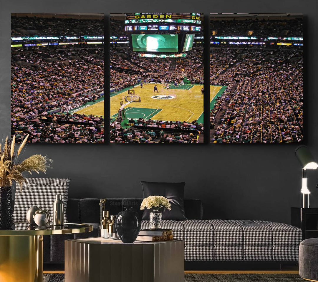 A vibrant depiction of a TD Garden basketball game is beautifully captured in the Boston Celtics Triple Canvas Wall Art, which comes framed and ready to hang.