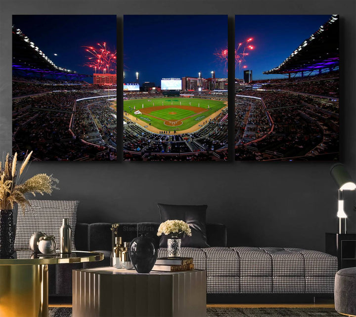 Truist Park wall art: fireworks over a Braves crowd, a large 3-panel canvas, framed and ready-to-hang.