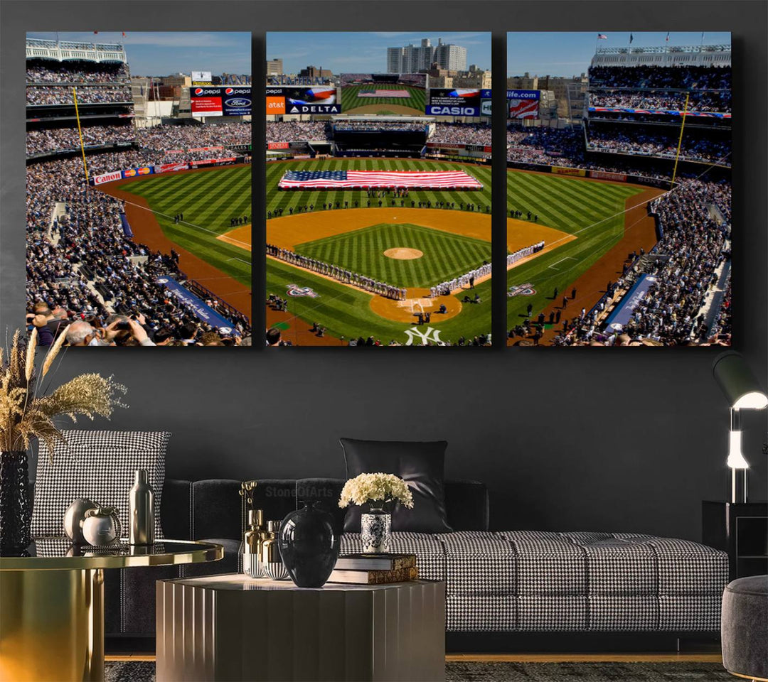 The Yankee Stadium New York wall art print features a vibrant scene of baseball fans with a large flag and players, expertly capturing the spirit of the game. This ready-to-hang décor is perfect for adding a dynamic touch to any space.